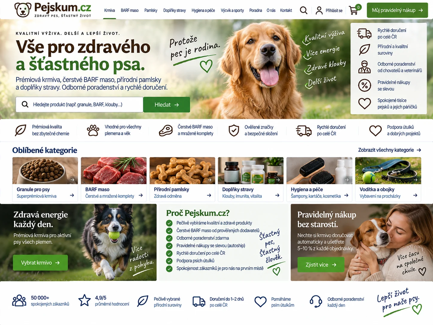 Ilustrační návrh webu Pejskum.cz v zelené, bílé a hnědé s krmivy, potřebami a fotografiemi psů